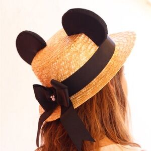 Canotier Straw Hat with Mickey Pearl Bow BRAND NEW